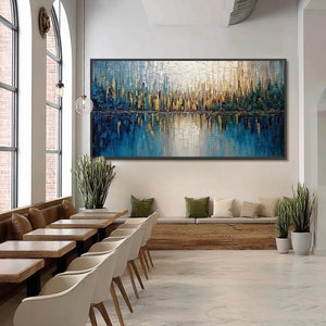 GOLDEN HORIZON: Textured Abstract Cityscape Reflection Oil Painting