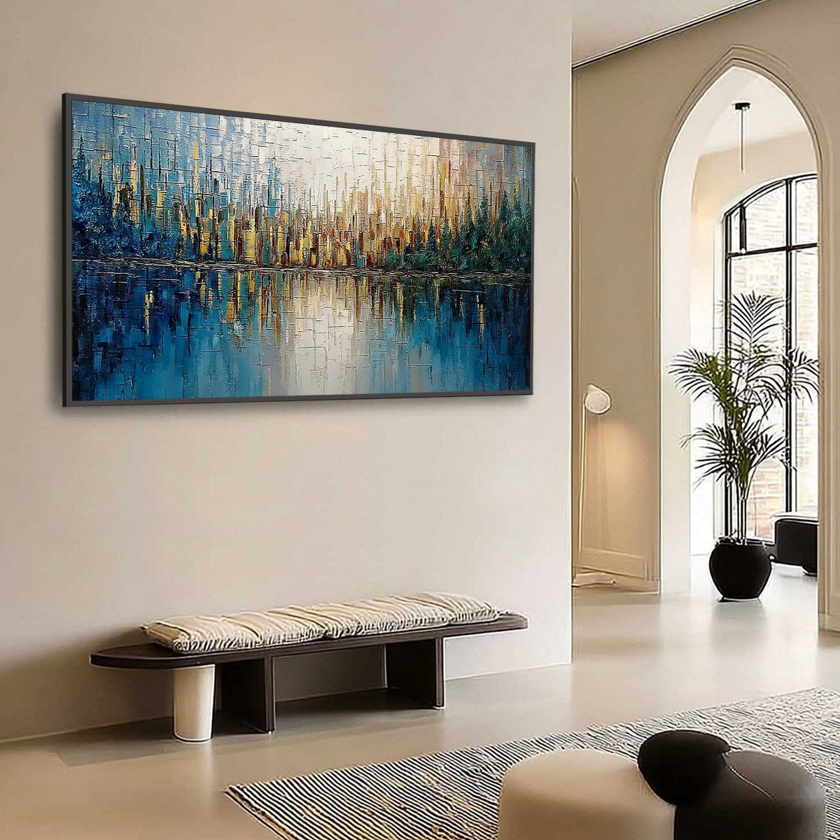 GOLDEN HORIZON: Textured Abstract Cityscape Reflection Oil Painting