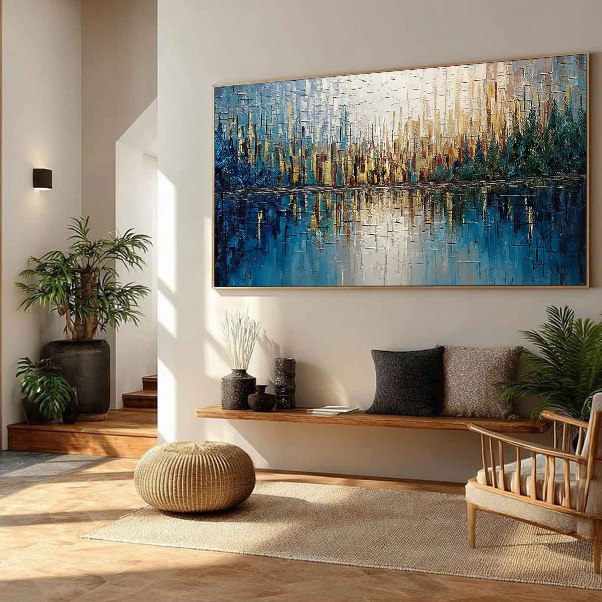 GOLDEN HORIZON: Textured Abstract Cityscape Reflection Oil Painting