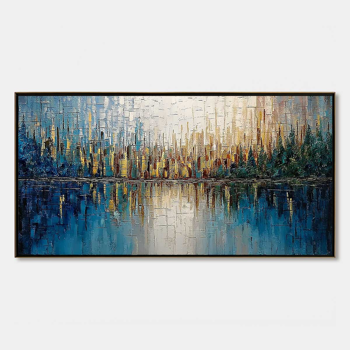GOLDEN HORIZON: Textured Abstract Cityscape Reflection Oil Painting