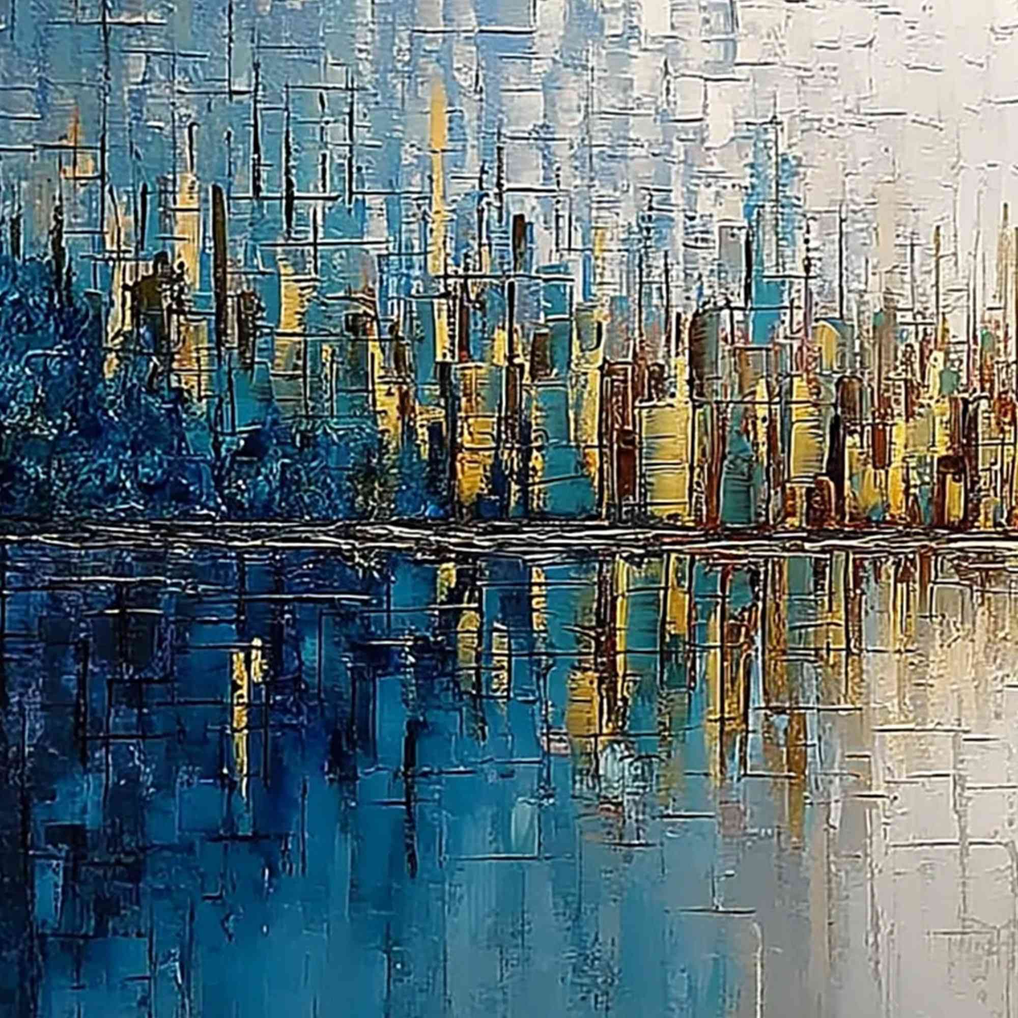 GOLDEN HORIZON: Textured Abstract Cityscape Reflection Oil Painting