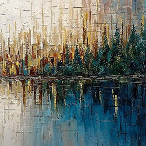 GOLDEN HORIZON: Textured Abstract Cityscape Reflection Oil Painting