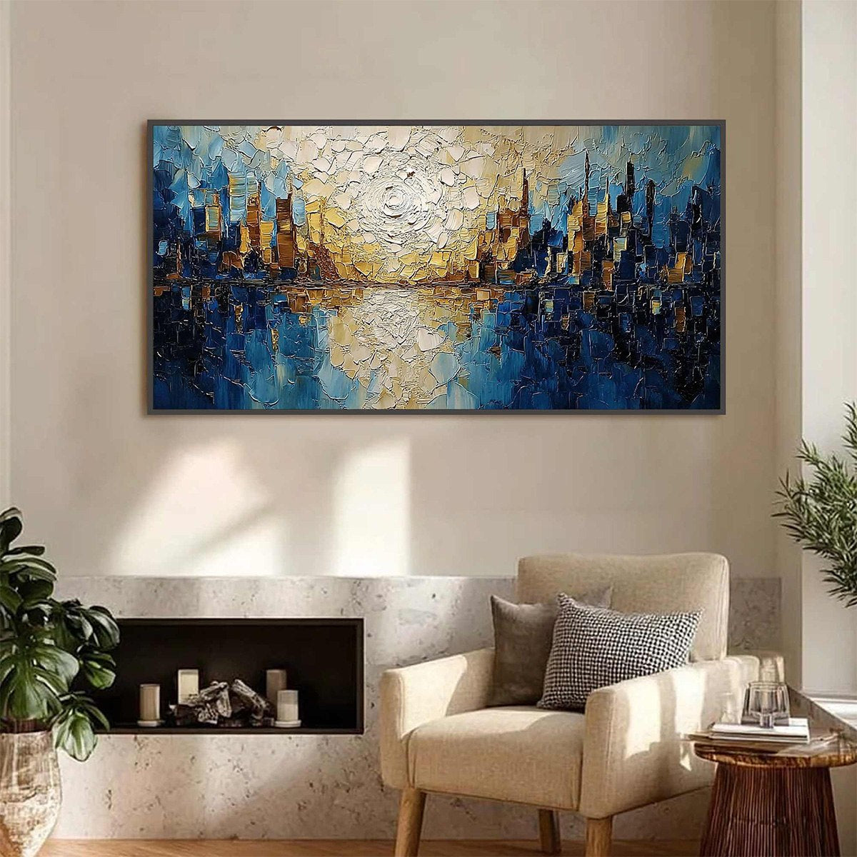 GOLDEN HORIZON: Textured Impasto Cityscape Reflection Oil Painting