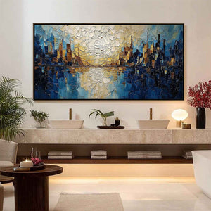 GOLDEN HORIZON: Textured Impasto Cityscape Reflection Oil Painting
