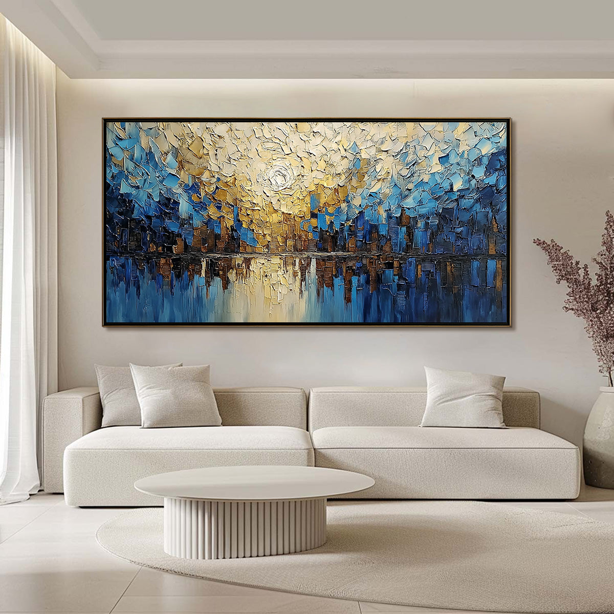 GOLDEN HORIZON: Textured Impasto Cityscape Reflection Painting