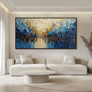 GOLDEN HORIZON: Textured Impasto Cityscape Reflection Painting