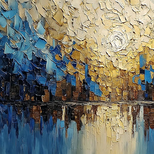 GOLDEN HORIZON: Textured Impasto Cityscape Reflection Painting