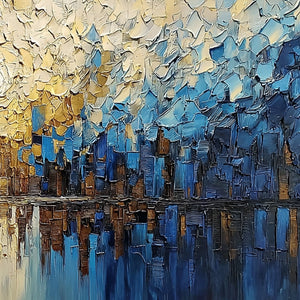 GOLDEN HORIZON: Textured Impasto Cityscape Reflection Painting