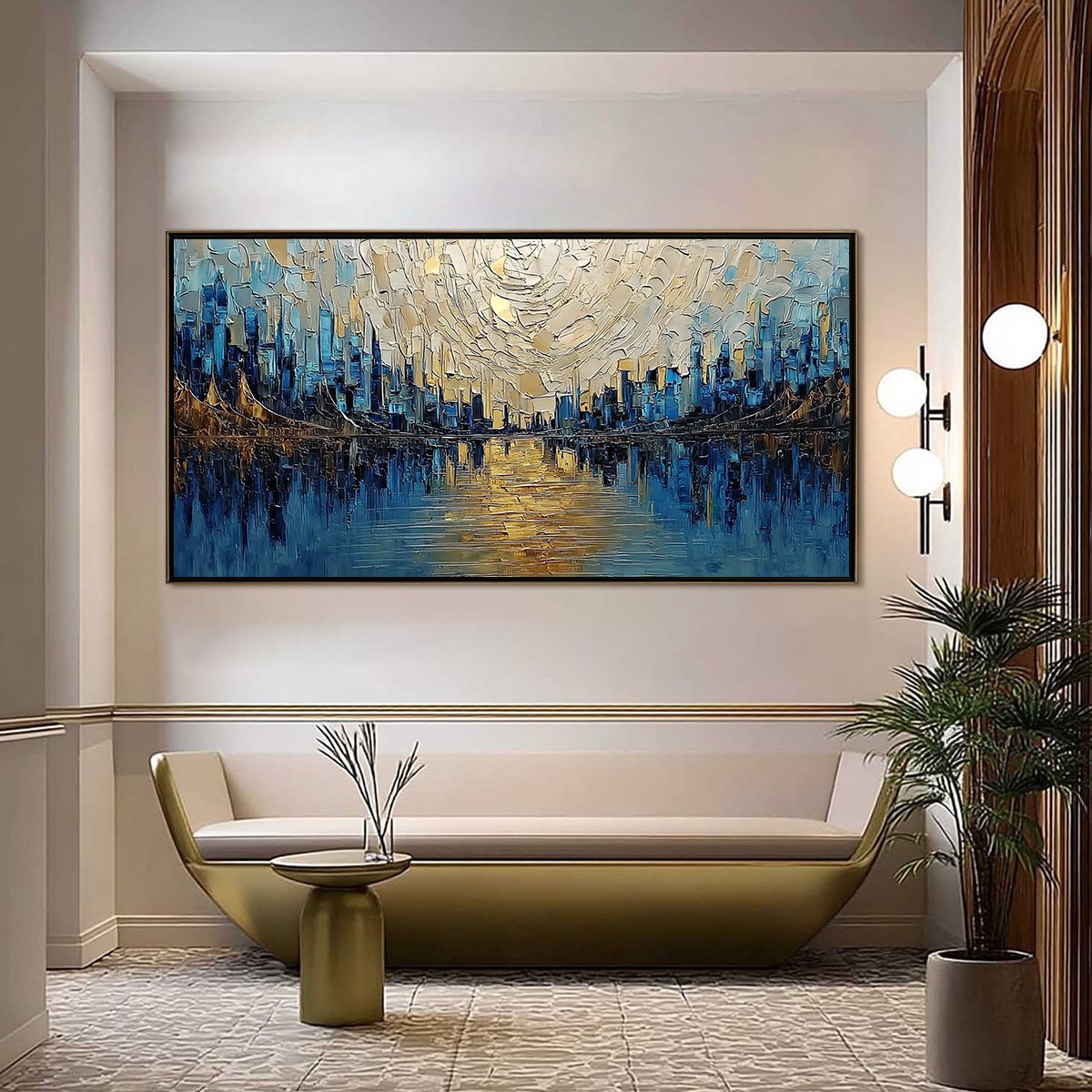 GOLDEN HORIZON: Textured Palette Knife Cityscape Reflection Painting