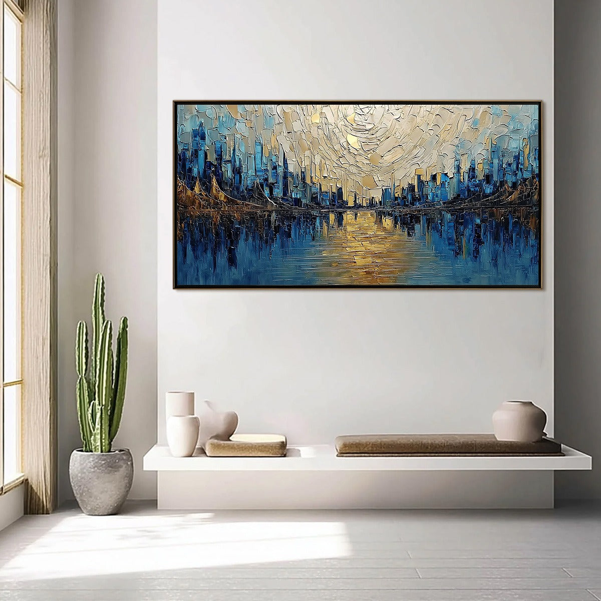 GOLDEN HORIZON: Textured Palette Knife Cityscape Reflection Painting