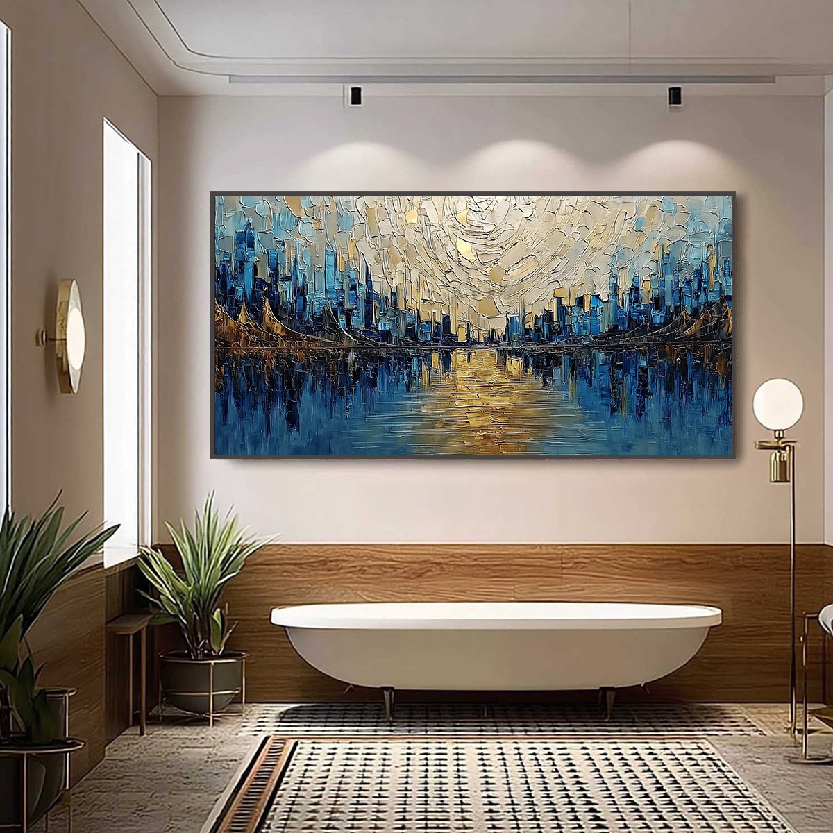 GOLDEN HORIZON: Textured Palette Knife Cityscape Reflection Painting