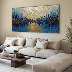 GOLDEN HORIZON: Textured Palette Knife Cityscape Reflection Painting