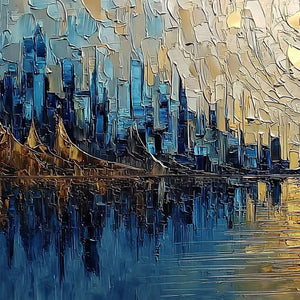 GOLDEN HORIZON: Textured Palette Knife Cityscape Reflection Painting