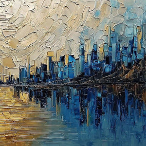 GOLDEN HORIZON: Textured Palette Knife Cityscape Reflection Painting
