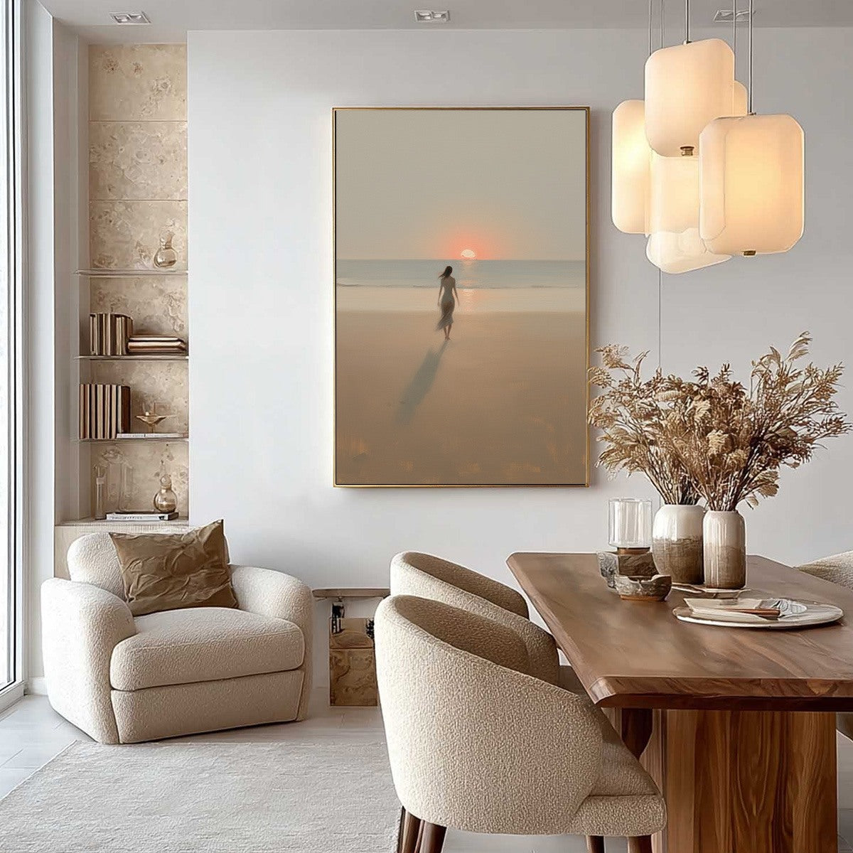 GOLDEN HOUR SOLACE: Minimalist Wabi Sabi Beach Scene Oil Painting