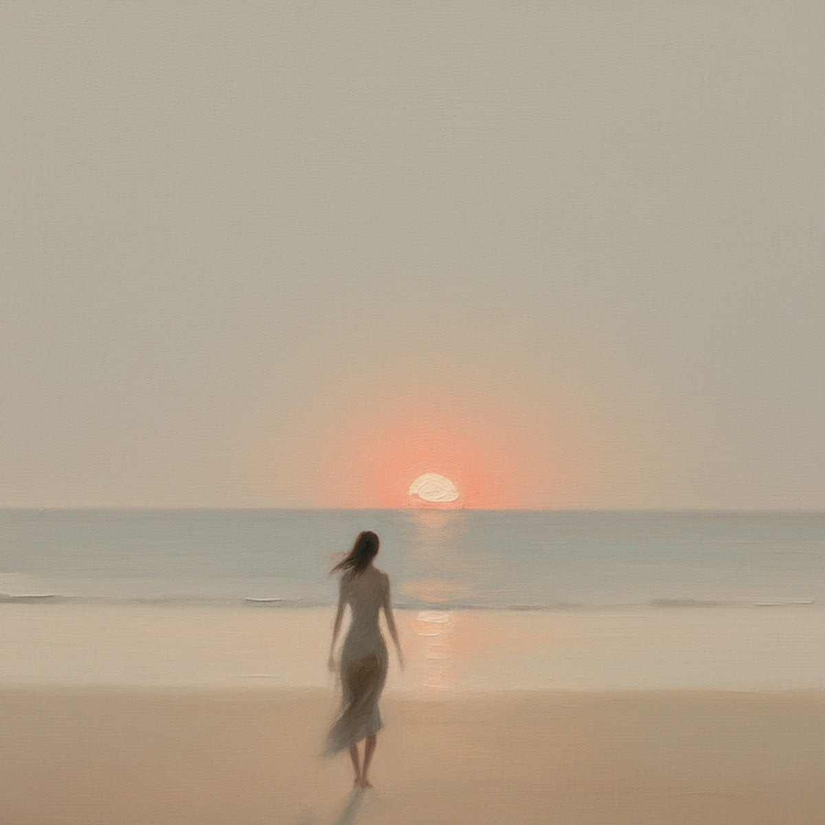 GOLDEN HOUR SOLACE: Minimalist Wabi Sabi Beach Scene Oil Painting