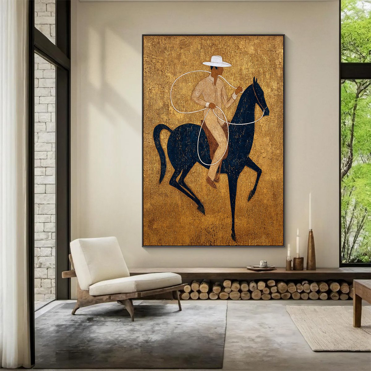 GOLDEN LASSO: Textured Wabi Sabi Painting of a Horseman