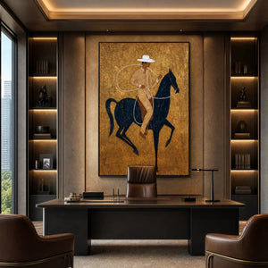 Golden Lasso wabi sabi horseman painting in gold, navy and white above a luxury office desk