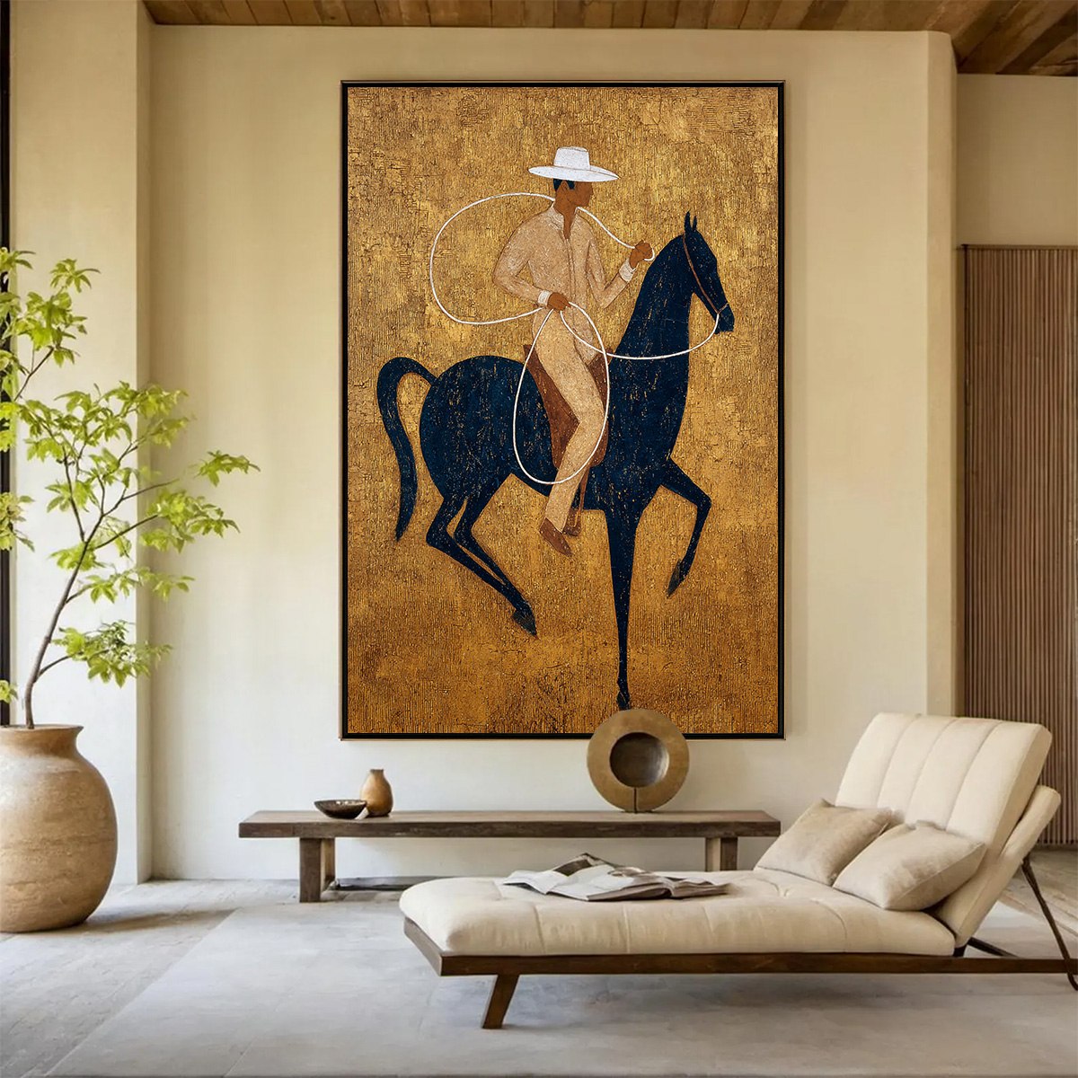 GOLDEN LASSO: Textured Wabi Sabi Painting of a Horseman