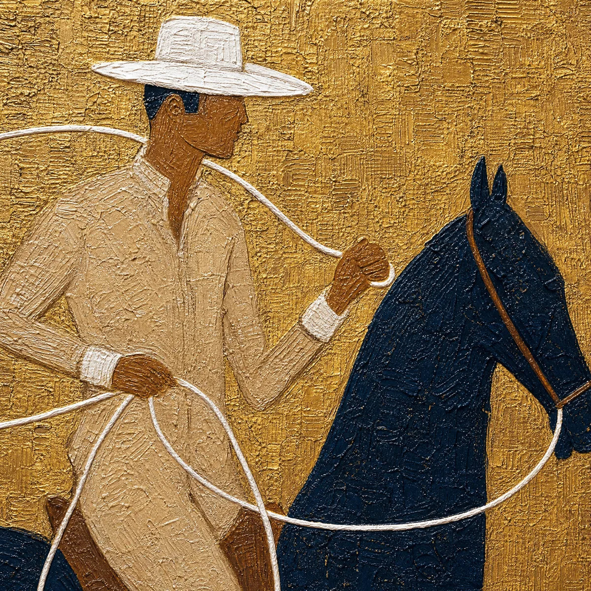 Textured Wabi Sabi oil painting of a horseman on a navy horse with a white lasso