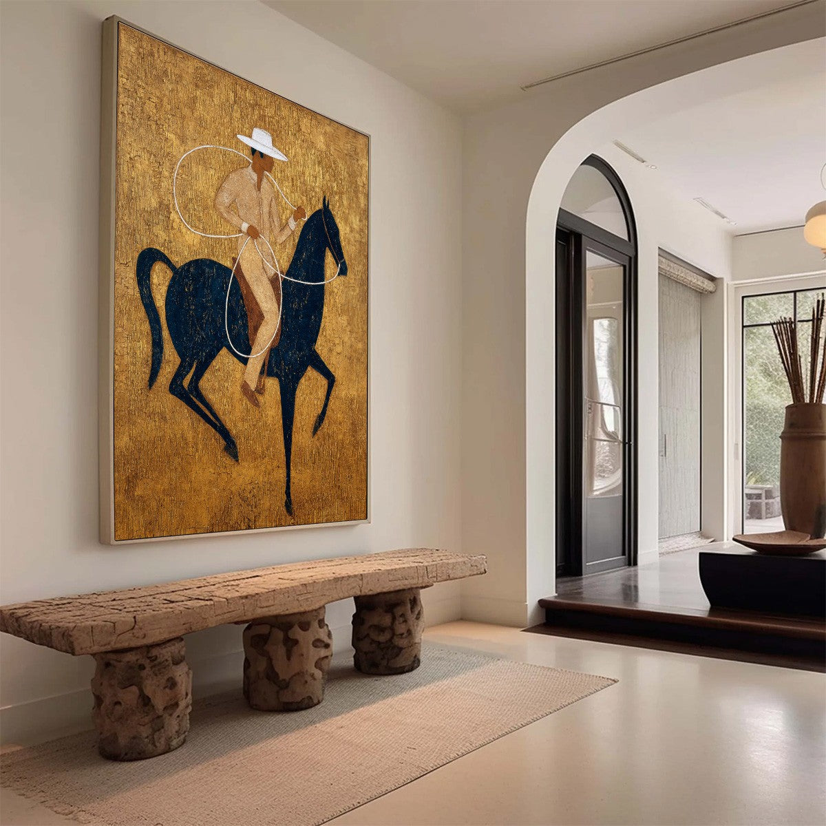 GOLDEN LASSO: Textured Wabi Sabi Painting of a Horseman