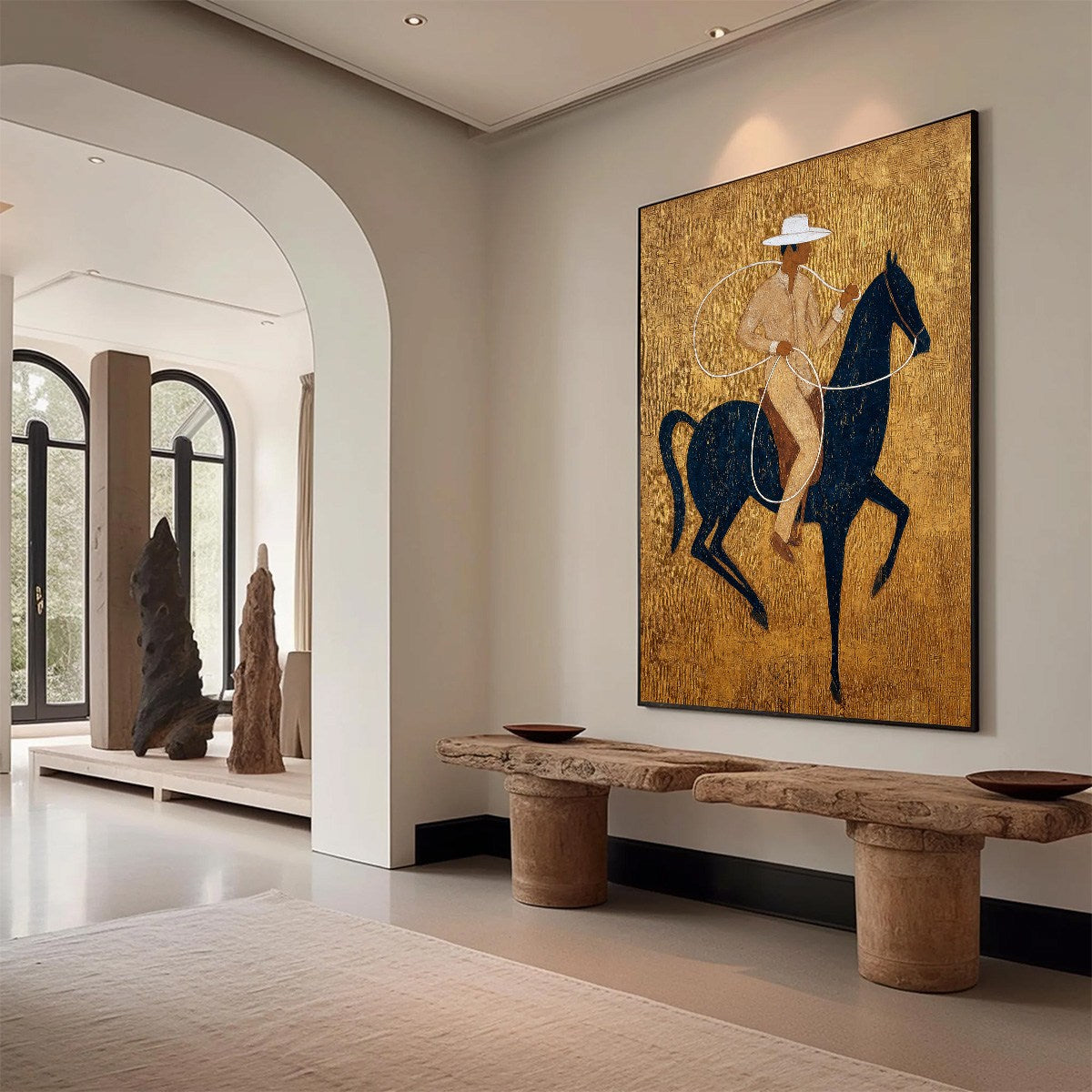 GOLDEN LASSO: Textured Wabi Sabi Painting of a Horseman
