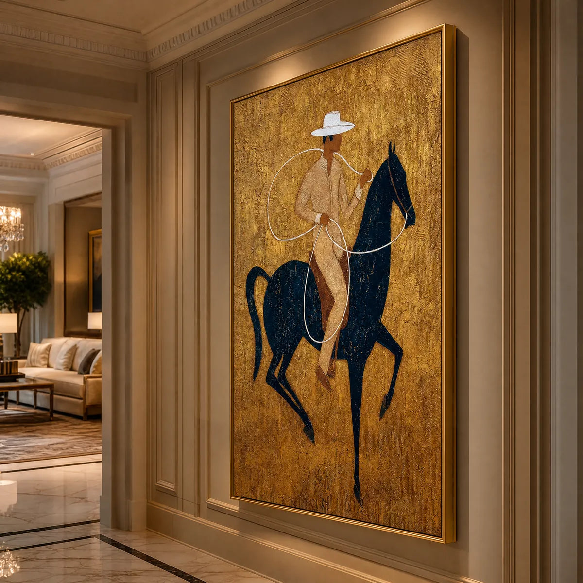 Golden textured Wabi Sabi wall art of a horseman riding a navy horse with white lasso