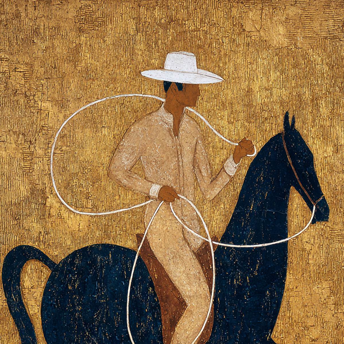 GOLDEN LASSO: Textured Wabi Sabi Painting of a Horseman