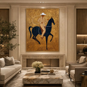 Textured Wabi Sabi horseman painting with navy horse and white lasso on gold canvas