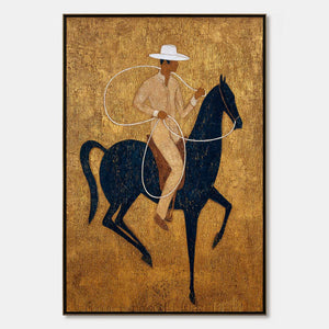 Textured Wabi Sabi horseman painting with navy horse, white lasso, and gold background