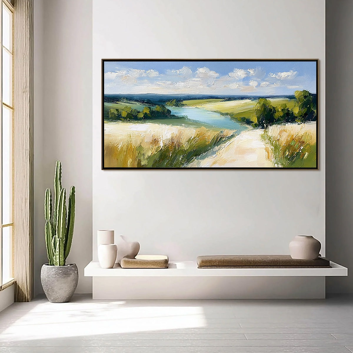 GOLDEN MEADOW PATH: Textured Impasto Landscape Painting of a Countryside River
