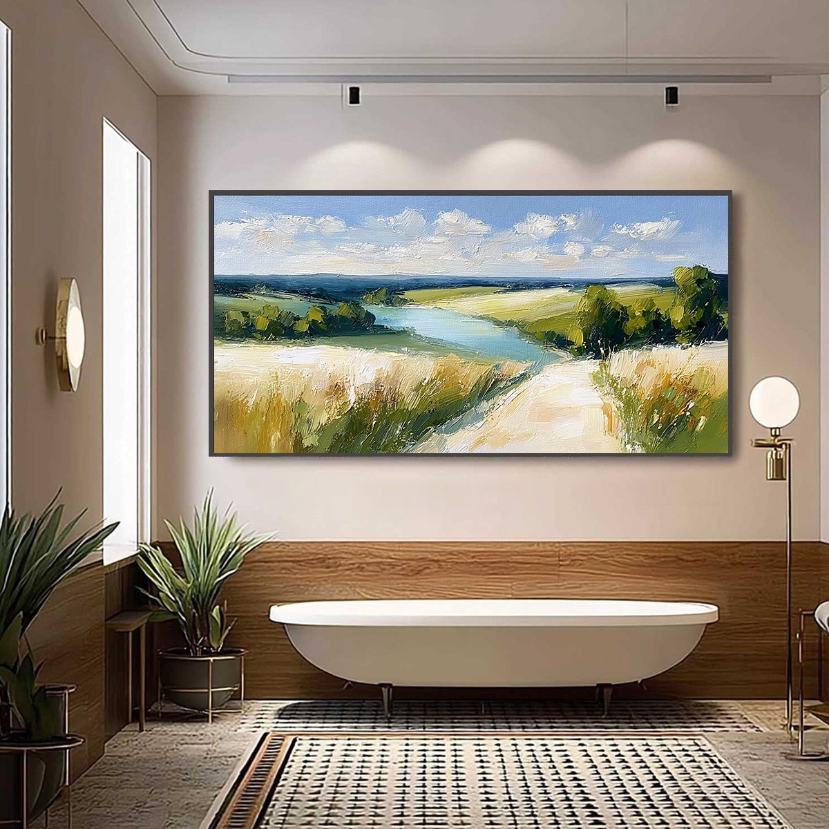 GOLDEN MEADOW PATH: Textured Impasto Landscape Painting of a Countryside River