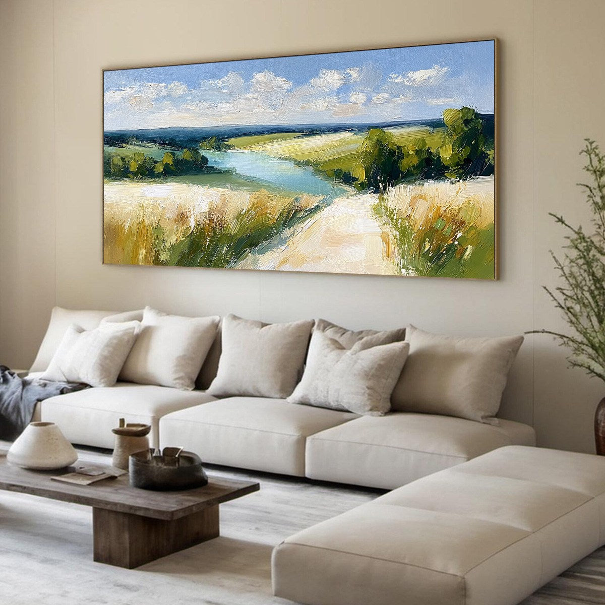 GOLDEN MEADOW PATH: Textured Impasto Landscape Painting of a Countryside River