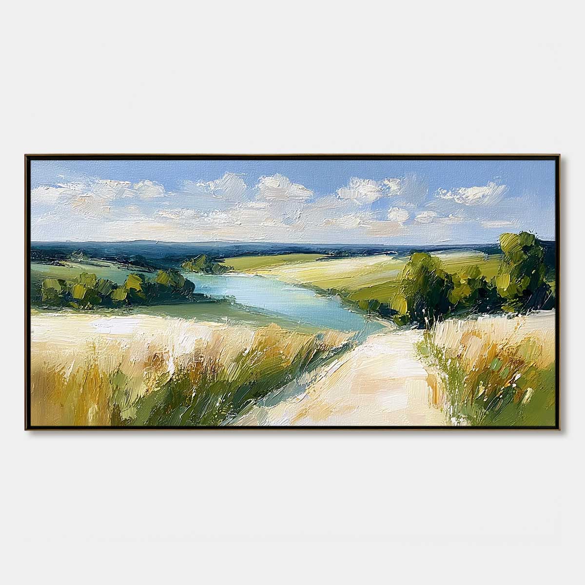 GOLDEN MEADOW PATH: Textured Impasto Landscape Painting of a Countryside River