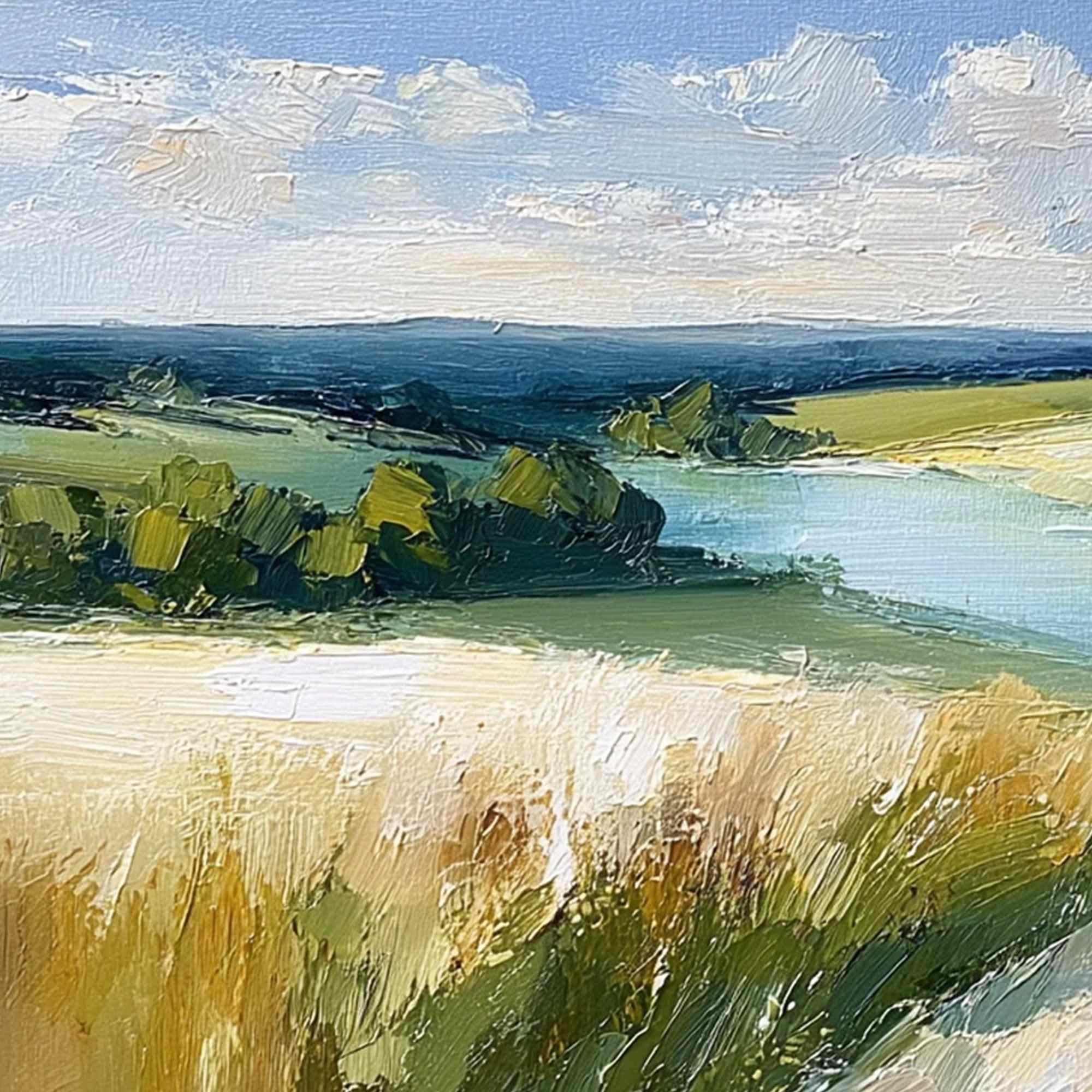 GOLDEN MEADOW PATH: Textured Impasto Landscape Painting of a Countryside River