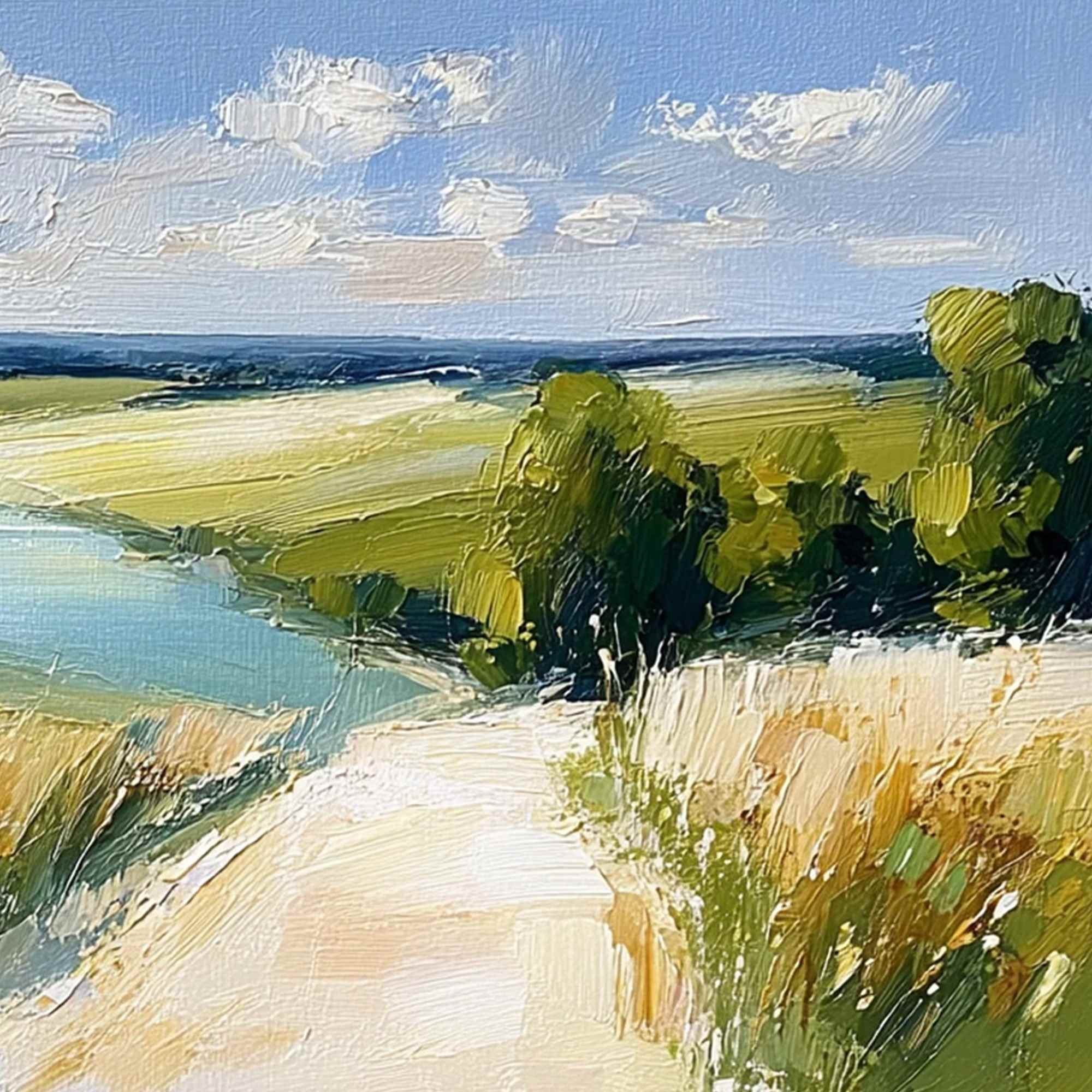 GOLDEN MEADOW PATH: Textured Impasto Landscape Painting of a Countryside River