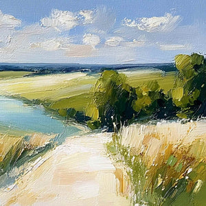 GOLDEN MEADOW PATH: Textured Impasto Landscape Painting of a Countryside River