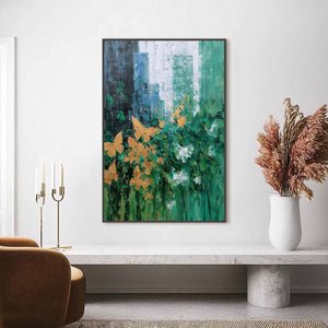 GOLDEN METAMORPHOSIS: Textured Abstract Cityscape Painting with Golden Butterflies
