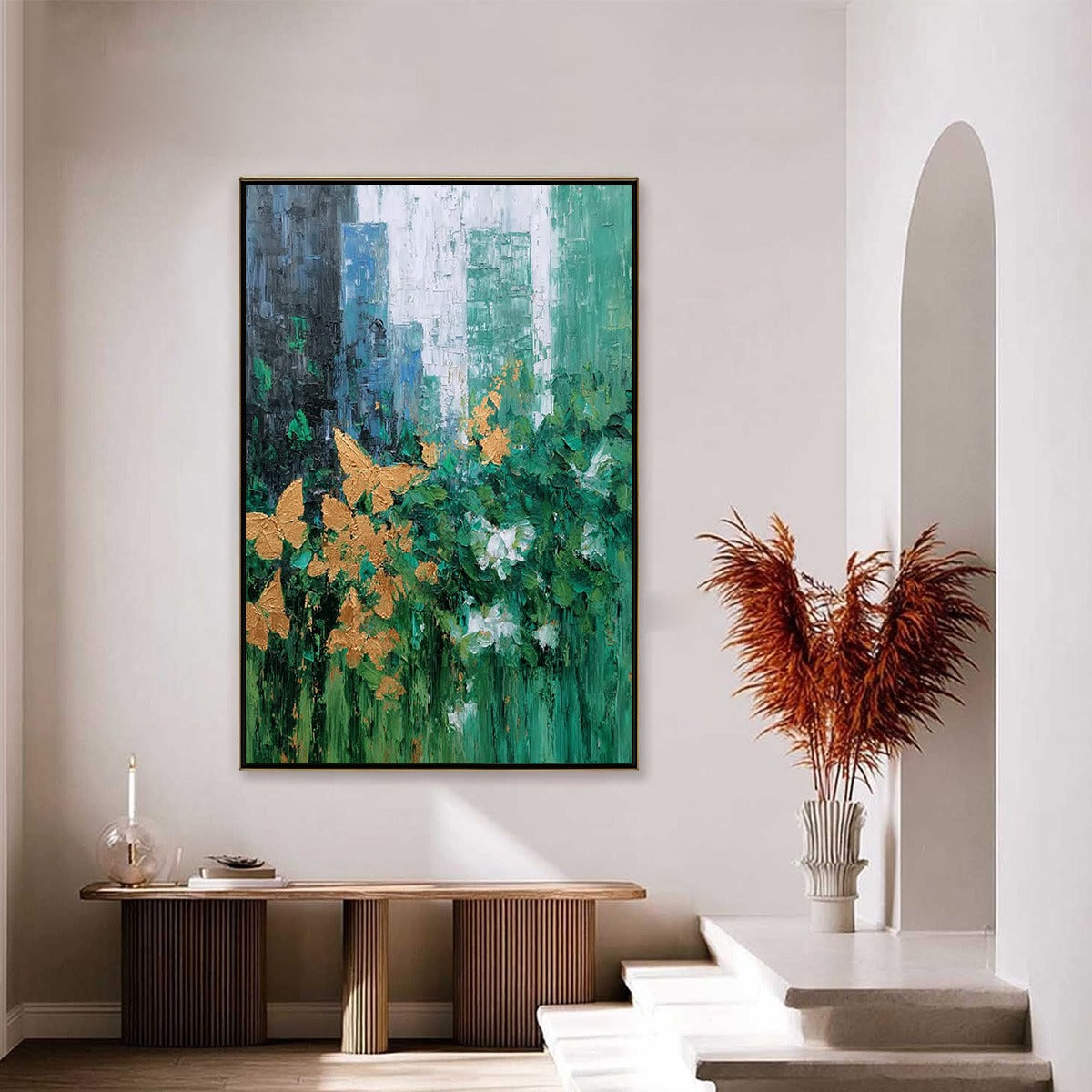 GOLDEN METAMORPHOSIS: Textured Abstract Cityscape Painting with Golden Butterflies