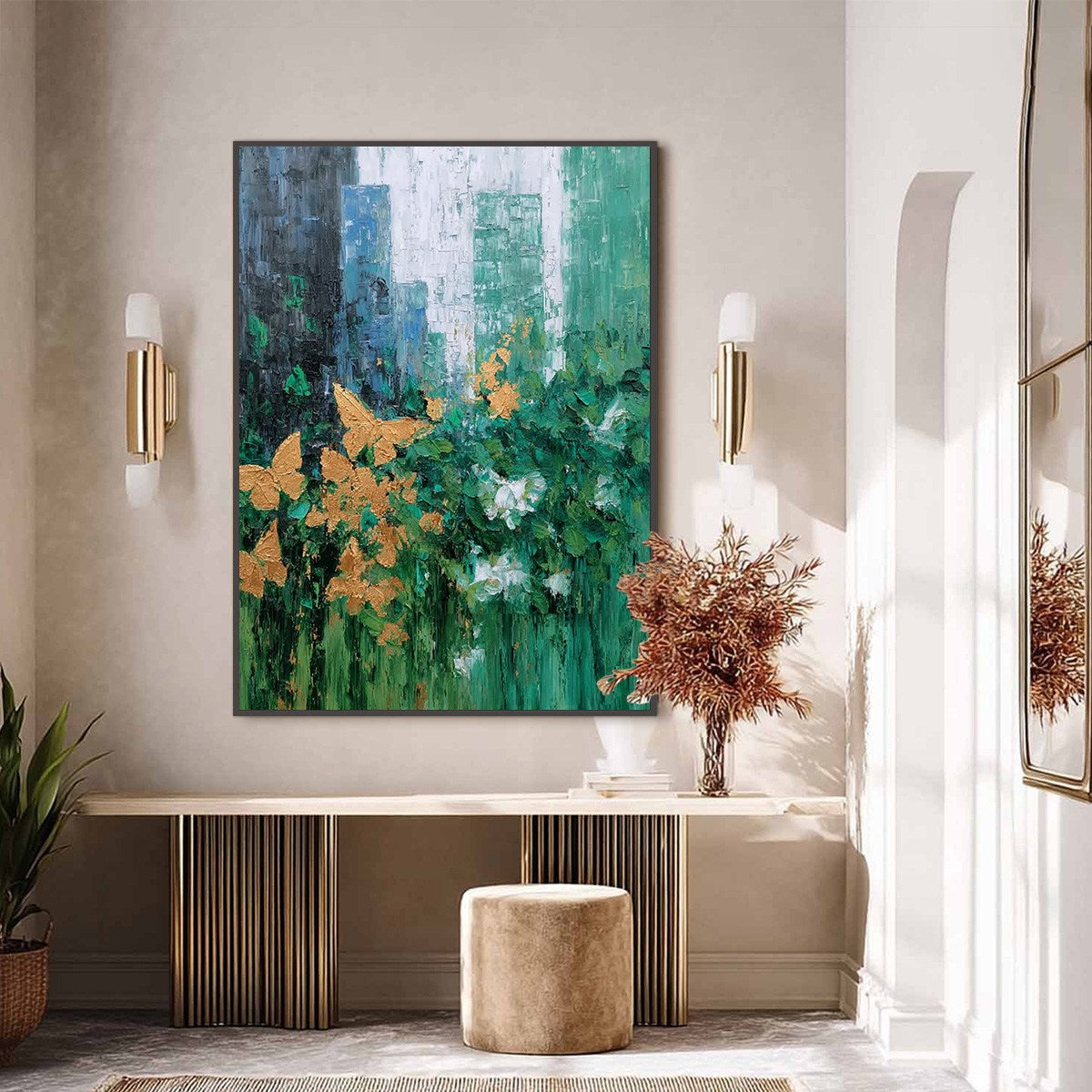GOLDEN METAMORPHOSIS: Textured Abstract Cityscape Painting with Golden Butterflies