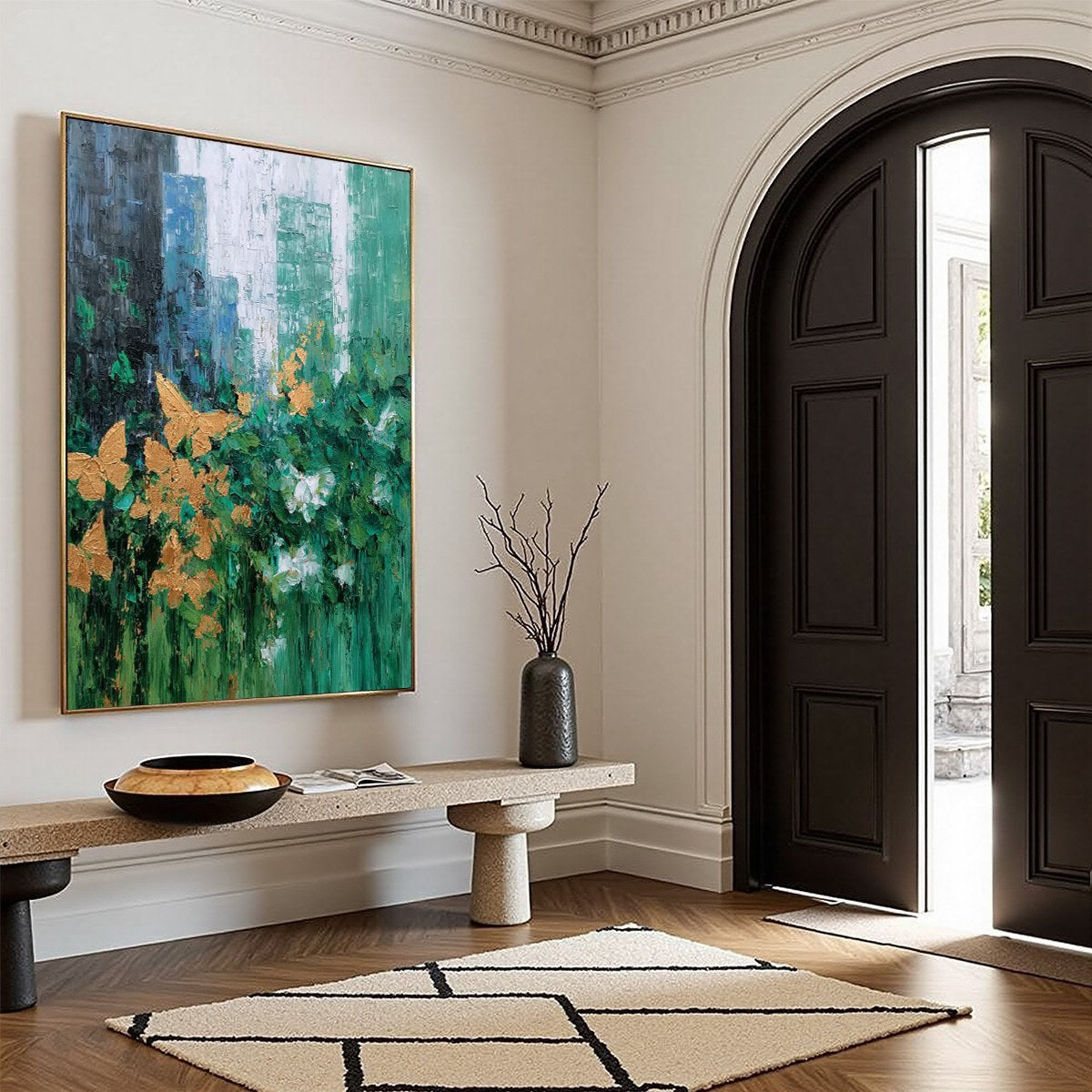GOLDEN METAMORPHOSIS: Textured Abstract Cityscape Painting with Golden Butterflies