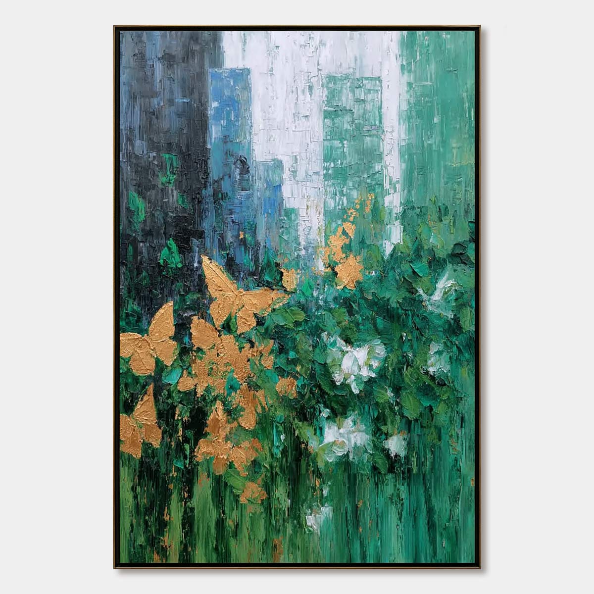 GOLDEN METAMORPHOSIS: Textured Abstract Cityscape Painting with Golden Butterflies