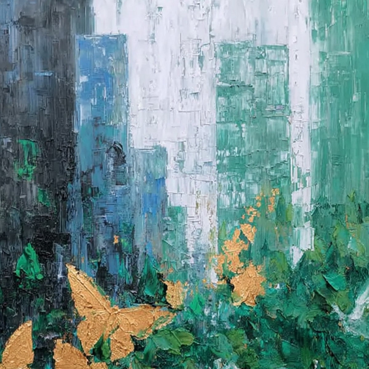 GOLDEN METAMORPHOSIS: Textured Abstract Cityscape Painting with Golden Butterflies
