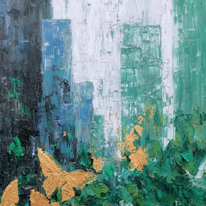 GOLDEN METAMORPHOSIS: Textured Abstract Cityscape Painting with Golden Butterflies