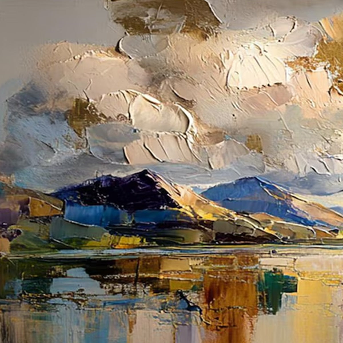 GOLDEN MIRROR: Palette Knife Impasto Mountain Lake Painting