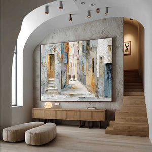 GOLDEN PASSAGE: Textured Impasto Painting of a Sunlit European Alleyway