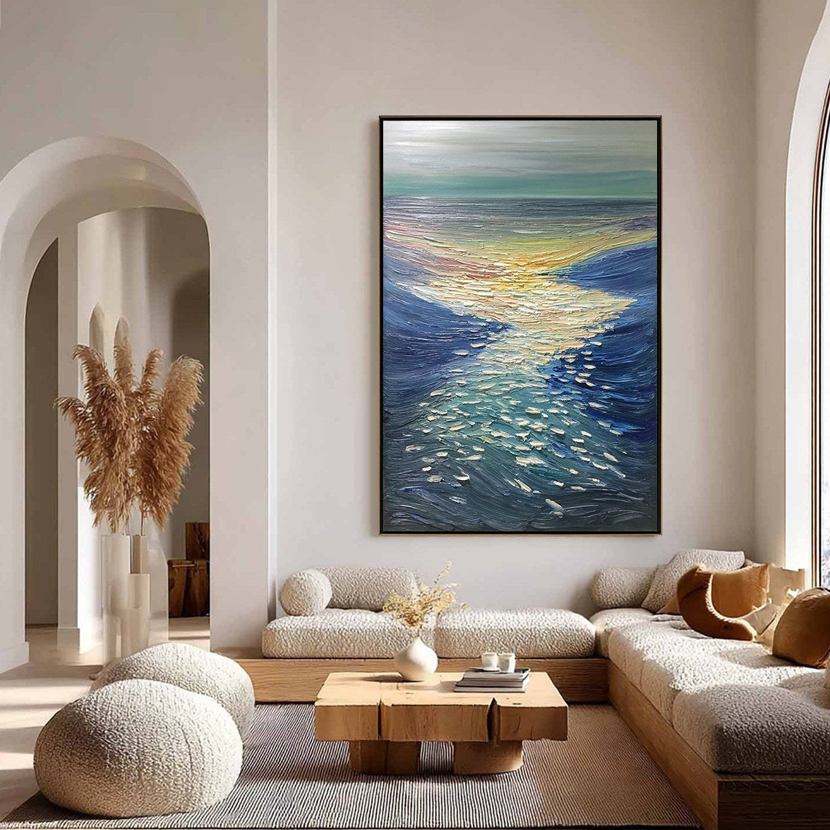 **GOLDEN REFLECTION:** Textured Impasto Seascape Oil Painting of Ocean Sunset