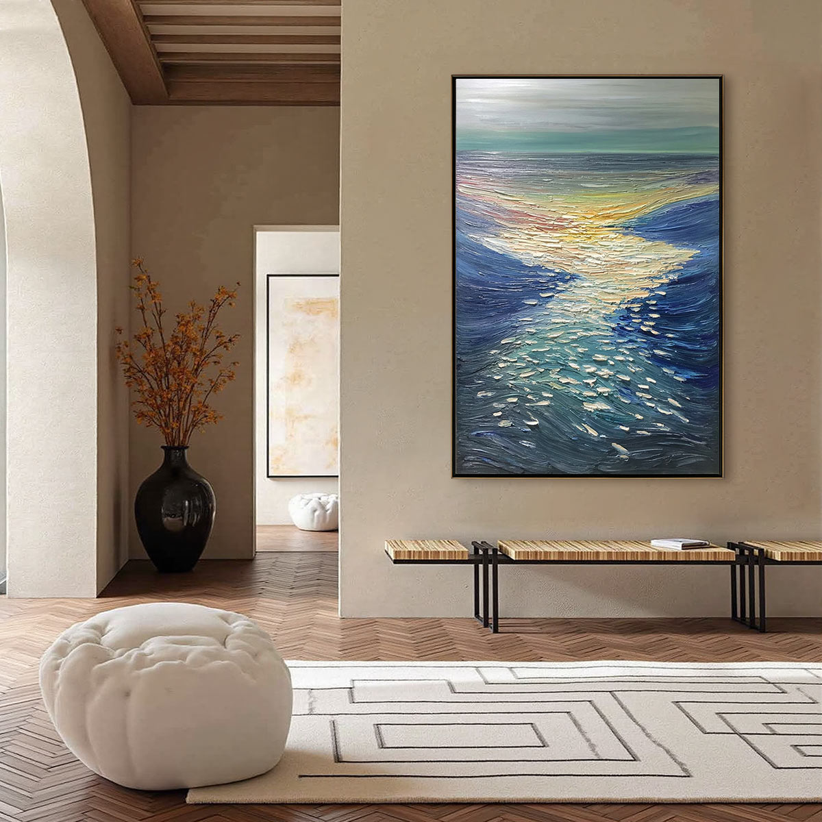 **GOLDEN REFLECTION:** Textured Impasto Seascape Oil Painting of Ocean Sunset