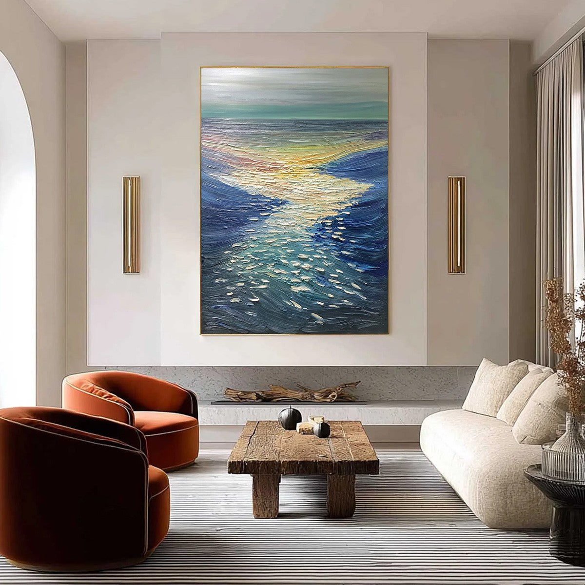 **GOLDEN REFLECTION:** Textured Impasto Seascape Oil Painting of Ocean Sunset