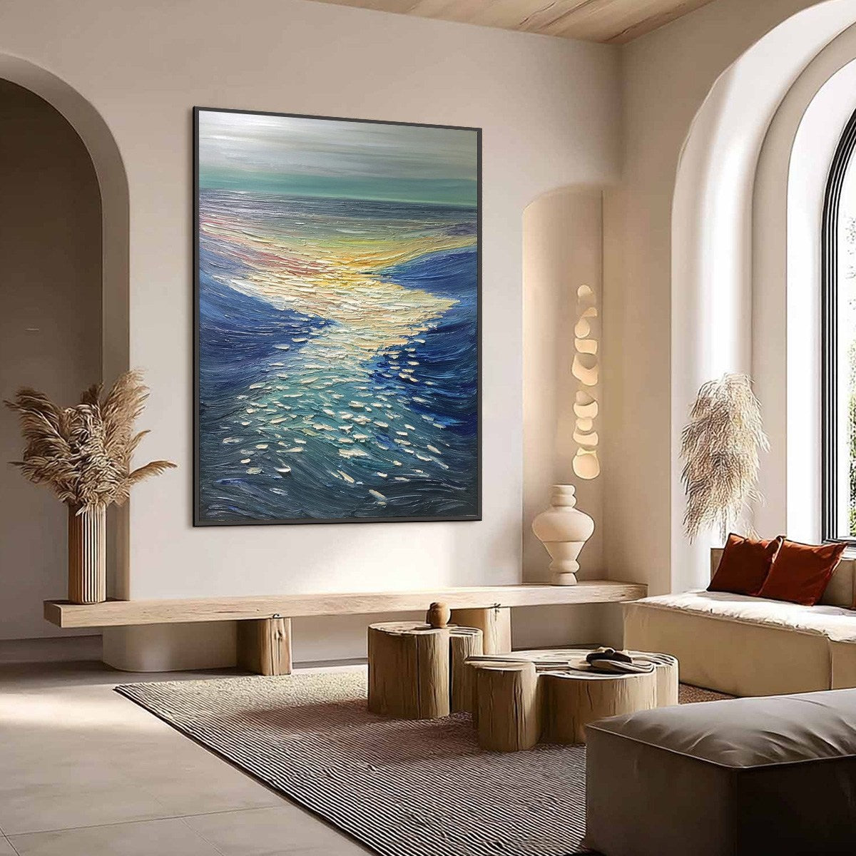 **GOLDEN REFLECTION:** Textured Impasto Seascape Oil Painting of Ocean Sunset